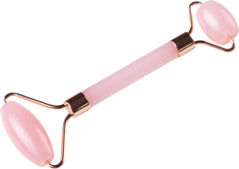 Pink Gua Sha massage tool on a white background, close-up. Rose Quartz jade roller.