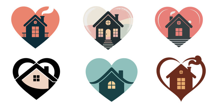 A collection of eight black and white icons including houses hearts a key and a lamp in a row format, Heart house home icon simple graphic vector illustration set, family live happy place line outline