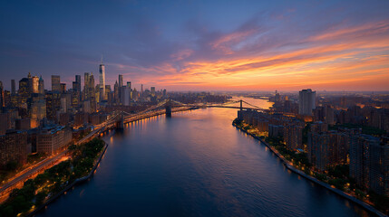 Fototapeta premium Manhattan Skyline at Dawn: A panoramic aerial perspective captures the majesty of Manhattan's iconic skyline at dawn, with the East River reflecting the vibrant hues of the sunrise. The city awakens!