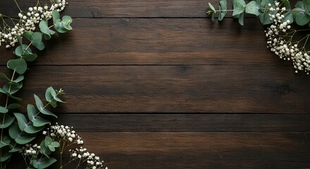 Floral Border on Dark Wood Table with Eucalyptus and Gypsophila