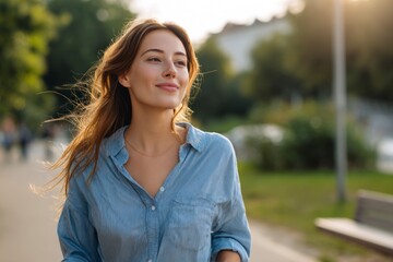 Woman with wavy hair in blue striped shirt gazes right in an outdoor park setting