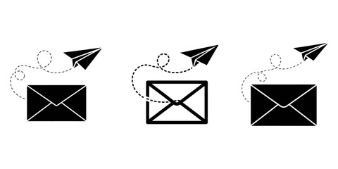 mail envelope icon, later with paper plane silhouette set, Mail symbol collection. Envelope icon line and silhouette style. Envelope, email message and mail buttons. Notification new message icons. 