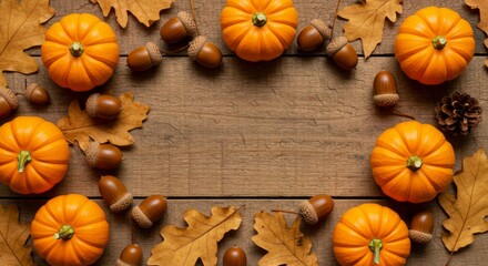 Fall Harvest Arrangement with Pumpkins Acorns and Leaves on Wood