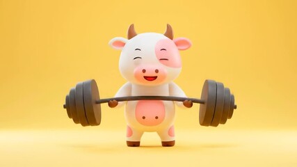 Exercise cartoon A cheerful cartoon cow with a pink spot over its eye is lifting a barbell with weights on a yellow background. - Powered by Adobe