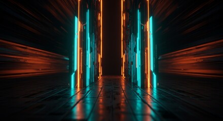 Abstract Corridor with Glowing Blue and Orange Light