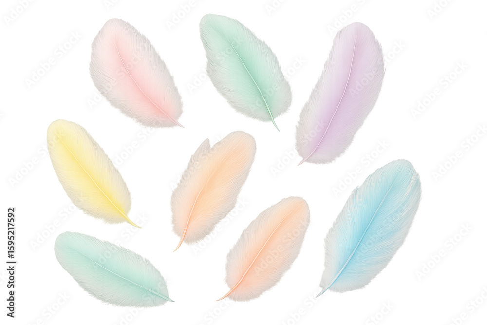 Poster delicate multicolored feathers drifting softly, creating ethereal pastel pattern against transparent