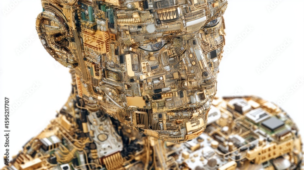 Poster a humanoid figure crafted from intricate gold and metallic circuit boards and electronic components,