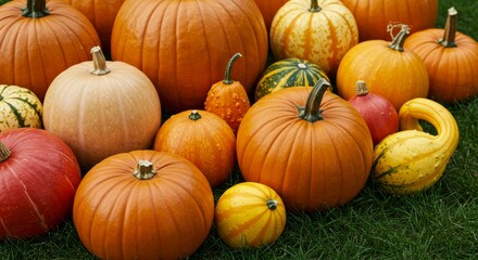 Pumpkins and Gourds Arranged on Green Grass, Festive Autumn Harvest