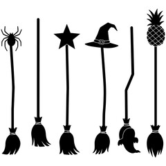 A vector illustration of witch's brooma set of black silhouettes