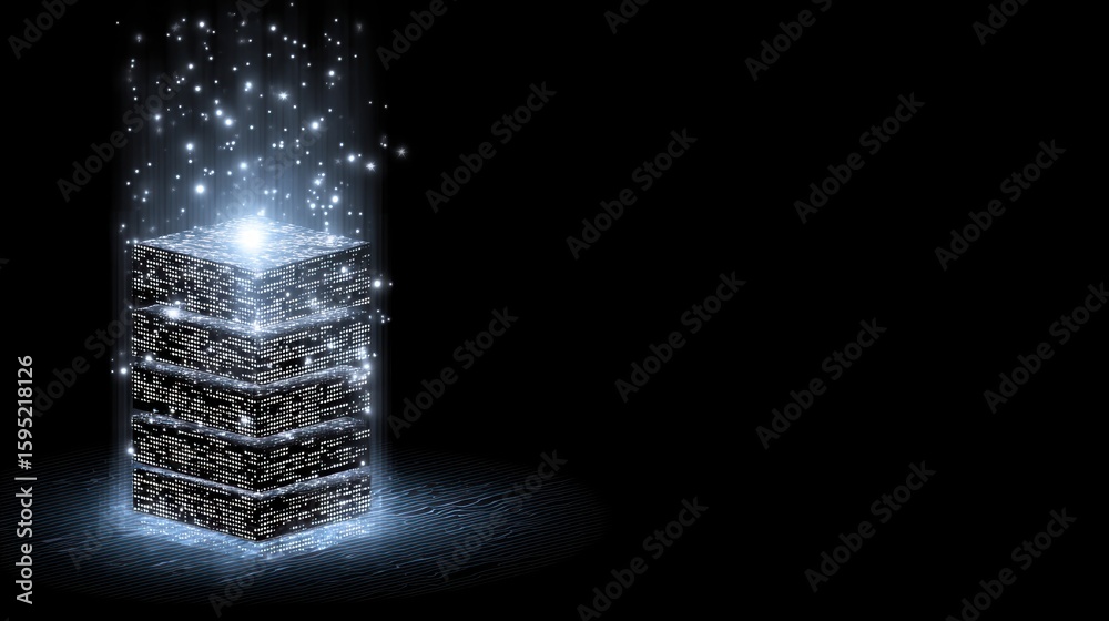 Poster a glowing, digital cube composed of stacked data blocks emits light particles, symbolizing futuristi
