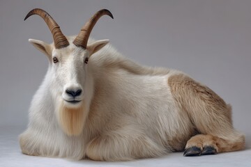 Majestic mountain goat with impressive curved horns resting peacefully on a neutral background