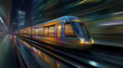 Fototapeta premium Speedy Transit: A modern light rail train, a symbol of efficient transport, speeds through a vibrant cityscape at night, showcasing its dynamic motion.