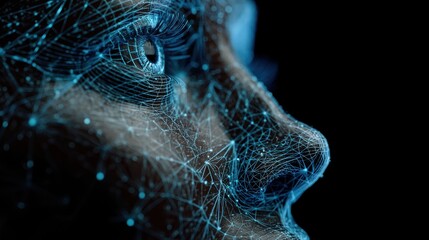 A digital wireframe of a human face reacting to AI screen in profile, illuminated with blue light, representing technology and artificial intelligence, AI with human interaction