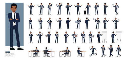 Big Set of Businessman in Blue Suit character vector design. People working in office planning, thinking and economic analysis. Presentation in various action.