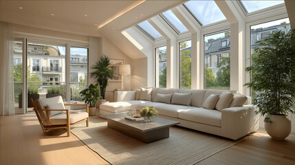 Fototapeta premium Luxury Living Room: A sun-drenched modern living space, bathed in natural light streaming through expansive windows, showcasing an elegant interior design with inviting comfort and refined aesthetics.