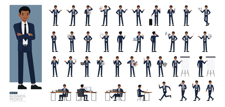 Big Set of Businessman in Blue Suit character vector design. People working in office planning, thinking and economic analysis. Presentation in various action.