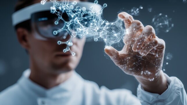 A scientist wearing protective glasses interacts with a digital molecular network visualization in a futuristic lab setting, AI with human interaction with simplified UI