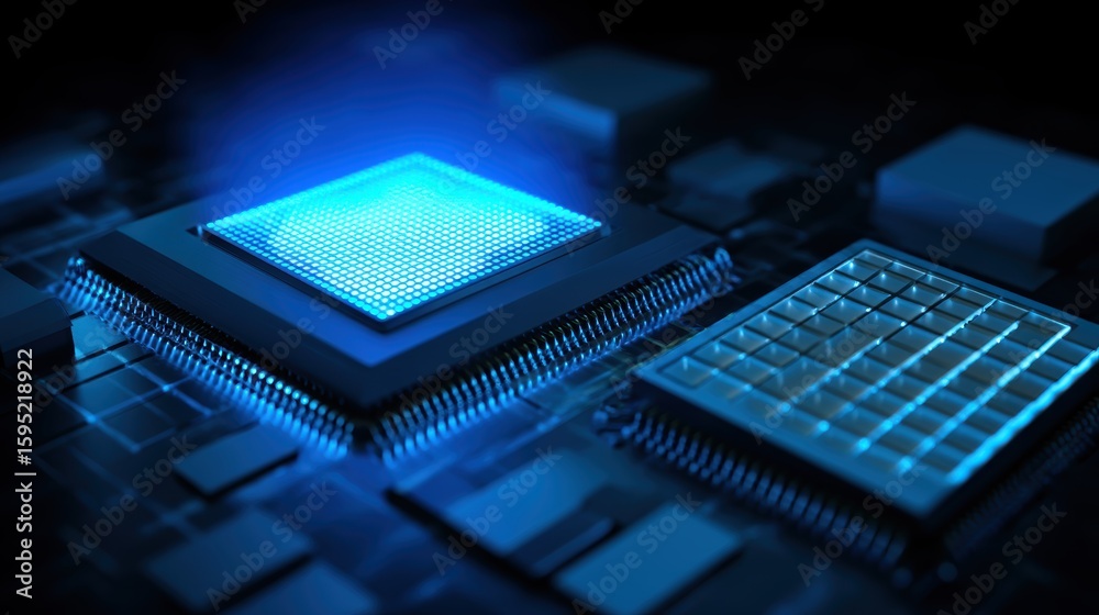 Poster a glowing blue microchip or processor on a circuit board, symbolizing advanced technology and comput