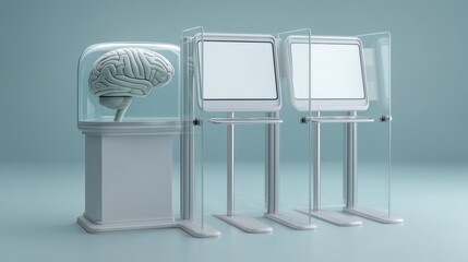 A 3D-rendered brain is enclosed in a glass dome next to three transparent screens or panels on a reflective surface with a soft blue background, terminal computer shaped like AI brain
