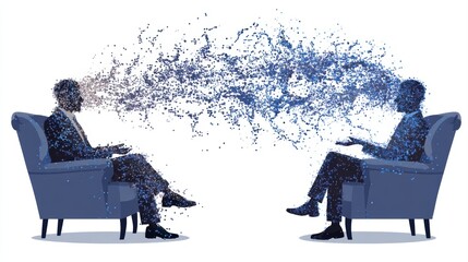 Two men in armchairs exchanging ideas, depicted as particles flowing between them, representing communication and knowledge transfer, AI Therapist
