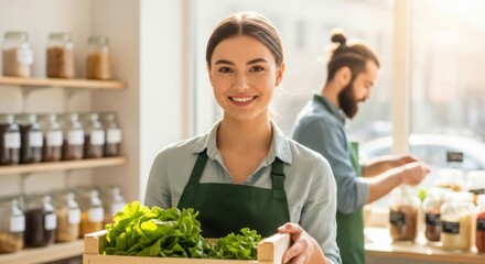 Naklejka premium Young woman holding fresh produce in a zero waste shop