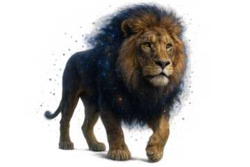 Powerful lion walking with a galaxy and stars inside its body, isolated on transparent background