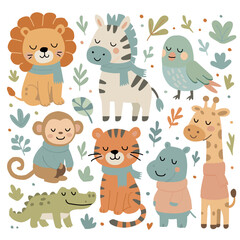Naklejka premium Cute jungle animals in scarves – lion, zebra, parrot, monkey, tiger, crocodile, hippo, giraffe – cartoon vector set for kids, winter design, nursery decor