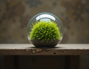 Glass terrarium containing vibrant green moss on a textured wooden surface