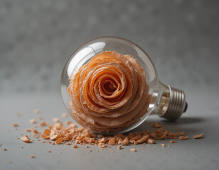 Glass light bulb containing a carved wooden rose with shavings scattered around