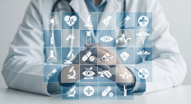A medical professional in a white coat sits with hands clasped, surrounded by a grid of healthcare and science icons