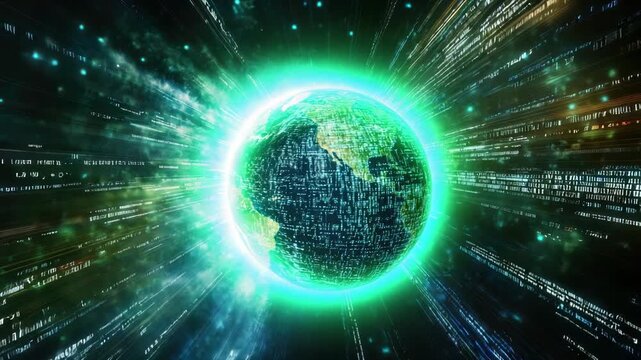 Digital world representation with data streams surrounding Earth in space