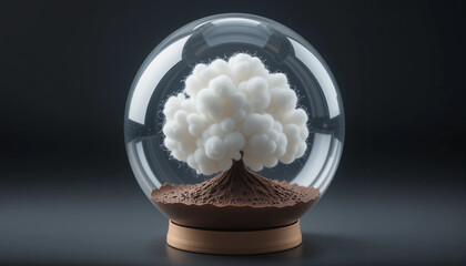 Fluffy cotton tree inside a glass orb with a brown base on a dark background, copy space
