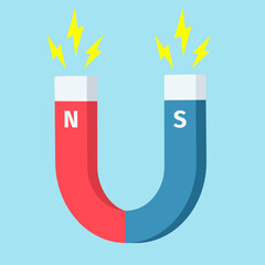 Red and blue horseshoe magnet with a magnetic lightning bolt. Vector illustration on a light blue background.