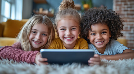 children smiling while using a tablet for online learning at home