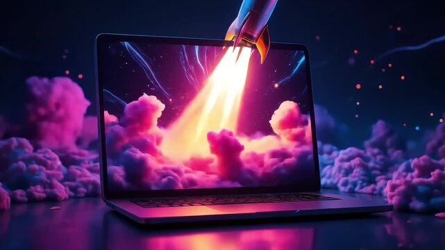 Rocket Launching from Laptop Screen with Glowing Clouds and Neon Streams