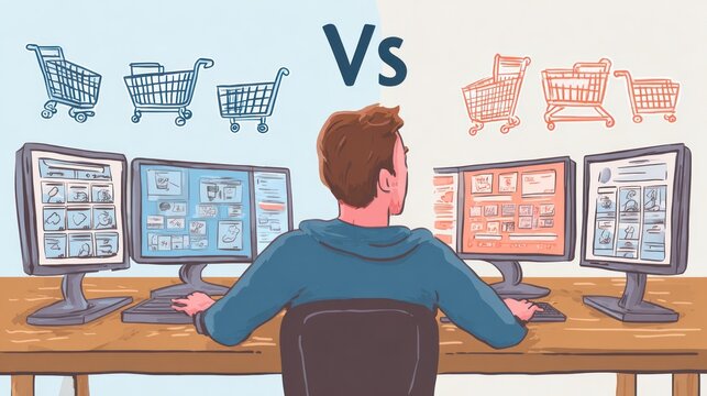 Person comparing online shopping interfaces