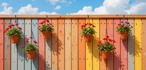 Colorful wooden fence with hanging flower pots under a bright sky, copy space