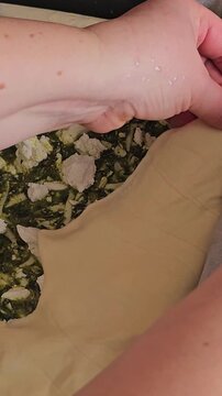 Delicious Homemade cheesy spinach quiche pie. spinach pie making process