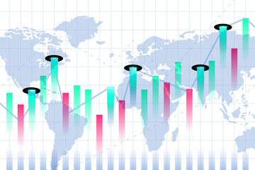 Global Market Growth Trends: Dynamic Visual Representation of Economic Performance. A visually engaging stock chart showcasing global economic performance, with colored bar graphs.
