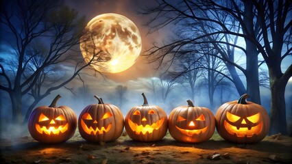 Happy halloween text surrounded by spooky decorations including pumpkins spiders bats and skulls