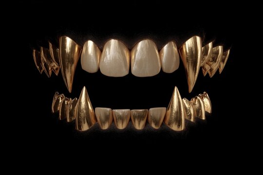 3D rendering of sharp, gold vampire fangs on a black background; upper and lower teeth. Grillz. Ideal for Halloween, fantasy, or horror themes. Studio lighting enhances the metal. - Powered by Adobe