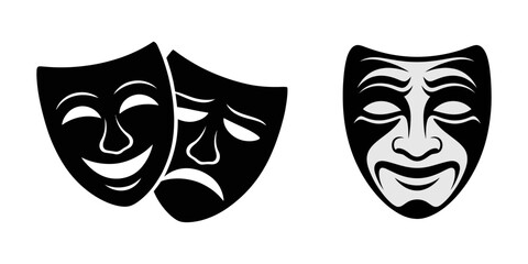 Theatre mask silhouette set, Theatre mask vector icon set. Masquerade vector icons. Comic and tragic mask icons. Theatrical masks. Comic and tragic mask set. Vector, Comic and tragic mask set. Eps 10.