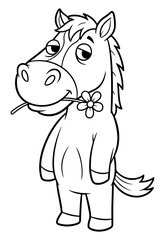 Cartoon Horse with Flower Line Art Illustration