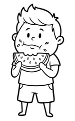 Obraz premium Cartoon Outline of a Boy Enjoying a Slice of Watermelon