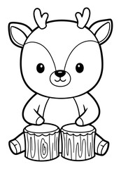 Obraz premium Cute Cartoon Deer Drumming on Logs, Coloring Page