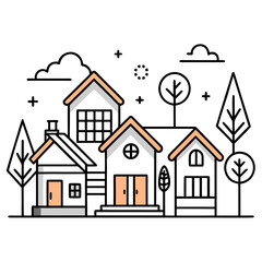 Fototapeta premium Stylized line art illustration of a row of houses and trees