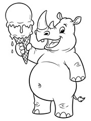 Fototapeta premium Cartoon Rhinoceros Enjoying Ice Cream, Black and White Line Art