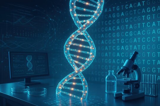 Advanced genetic research visualization with DNA helix and molecular structure in medical laboratory setting