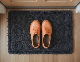Orange rubber shoes placed on a cozy doormat at the entrance