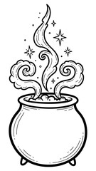 Black and White Line Art Illustration of a Witch's Cauldron with Steaming Potion